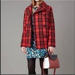 Kate Spade Saturday Wool Blend Scotch Plaid Button Up Red Black Pea Coat wmn M